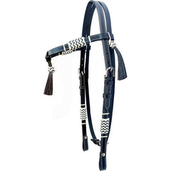 Black Leather Western Headstall Bridle Hand Braided White and Black Rawhide Knotting Futurity Knot Black Color Hair Tassels