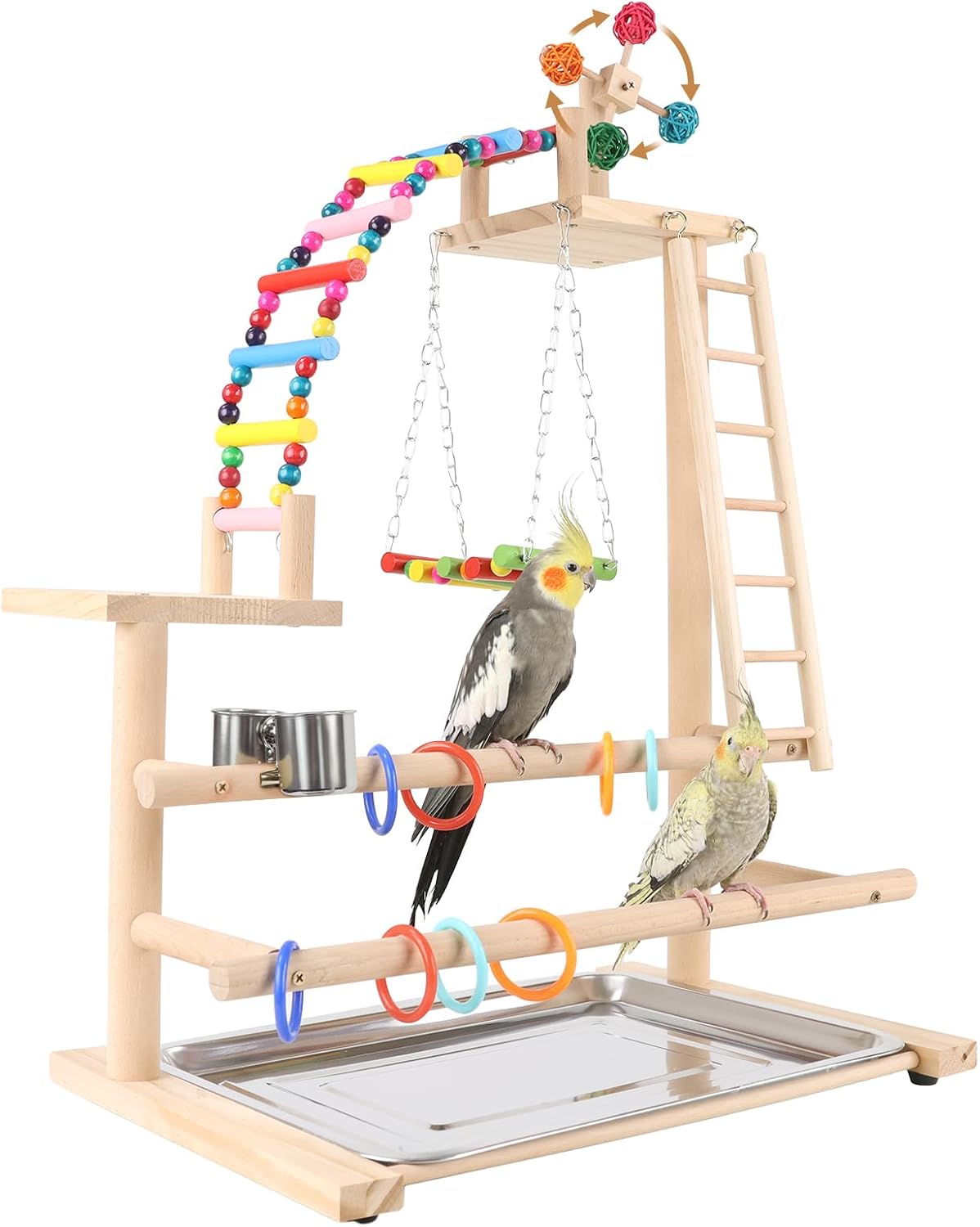 Bird Playground, Perch Stand Parrot Playstand Play Gym with 2 Perches Stand Windmill Toys, Playpen for Parakeet Conure Cockatiel Lovebird Budgie Caique, Exercise Playgym with feeding Cups