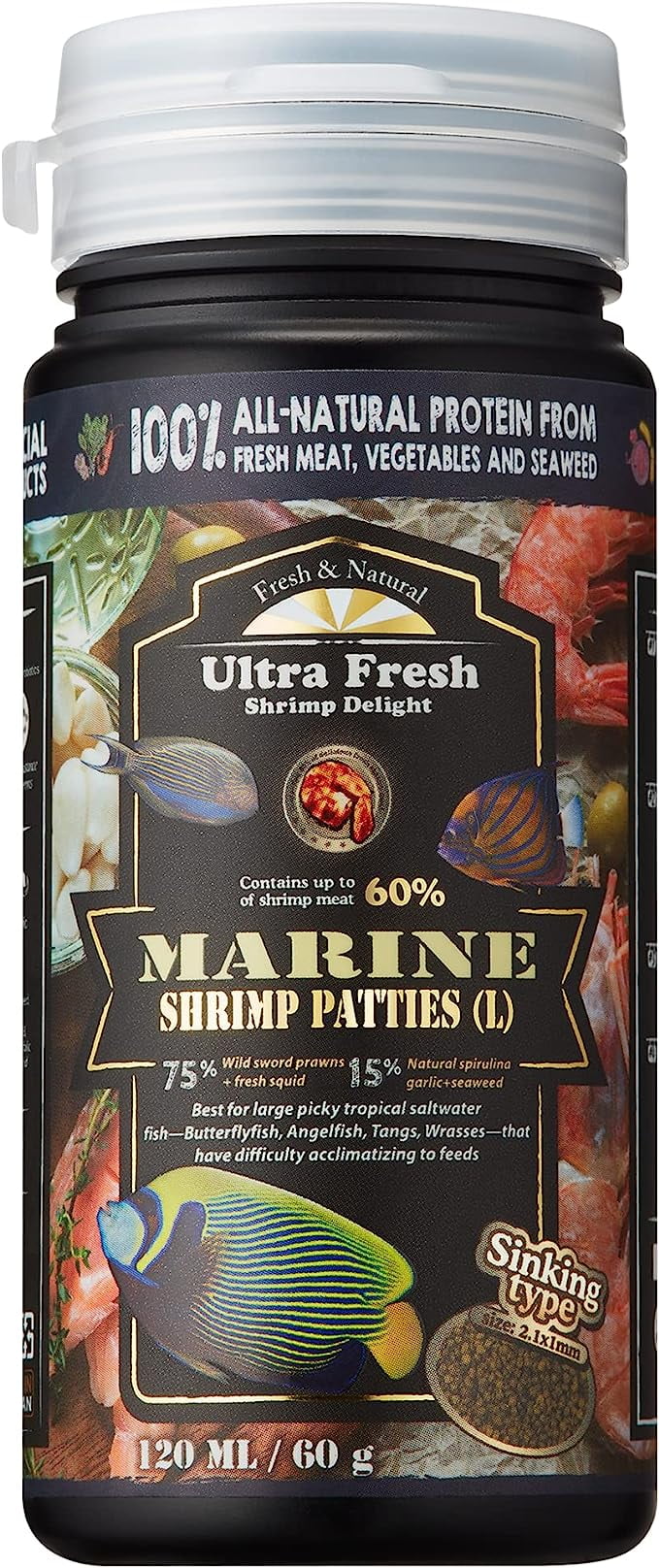 Ultra Fresh Marine Fish Food, 75% Sword Prawns + Squids, Natural Protein, Color Enhancement, for Small Saltwater Fish, Marine Shrimp Patties S 1.86oz