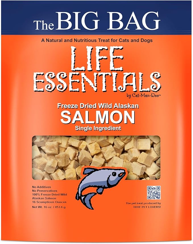 LIFE ESSENTIALS BY CAT-MAN-DOO All Natural Freeze Dried Wild Alaskan Salmon Treats for Cats & Dogs - Single Ingredient No Grain Snack with No Additives or Preservatives, 16 Ounce Big Bag