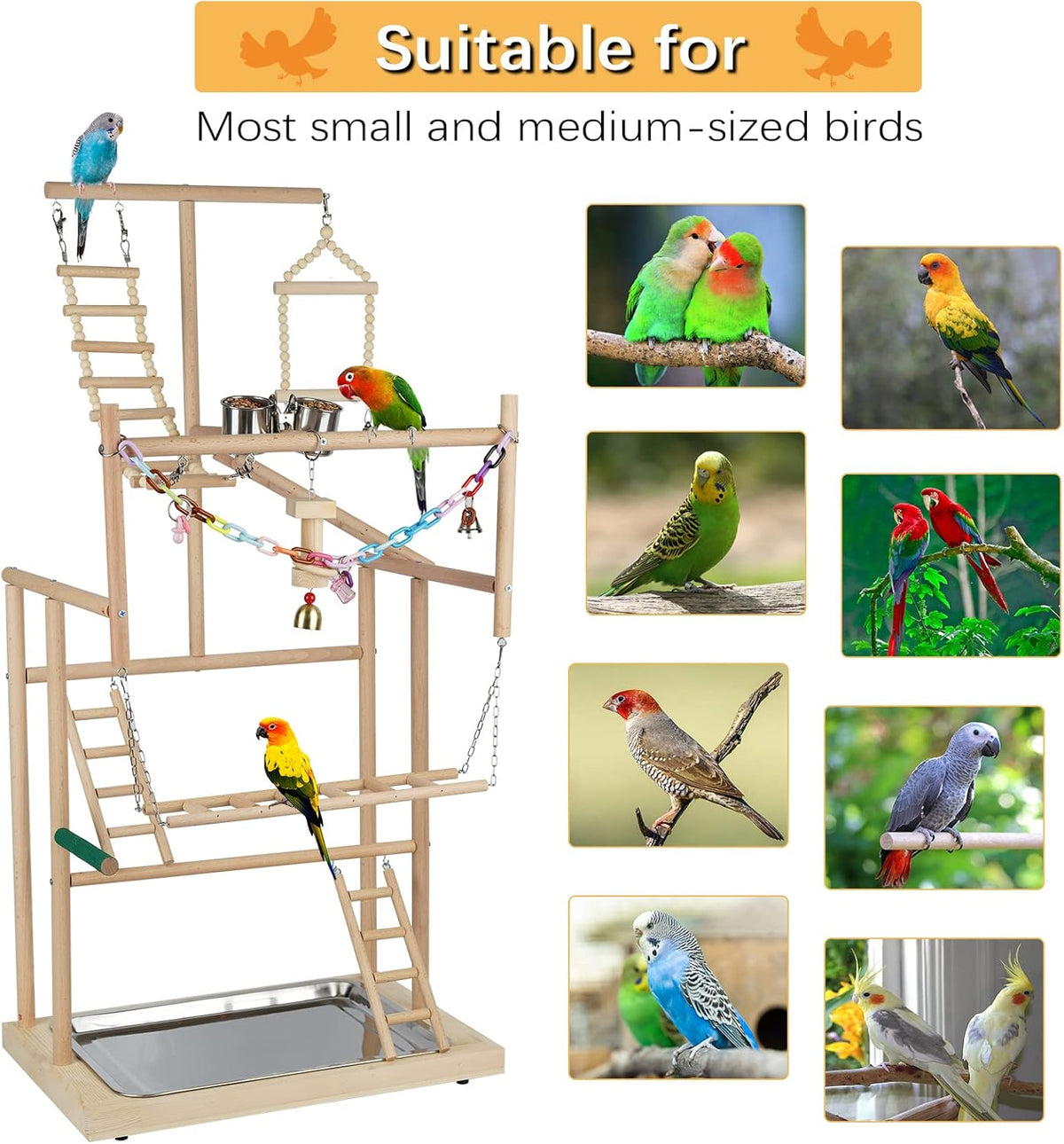 Pet Parrot Playstand Parrots Bird Playground Bird Play Stand Wood Perch Gym Playpen Ladder with Feeder Cups Bells for Cockatiel Parakeet (4 Layers)